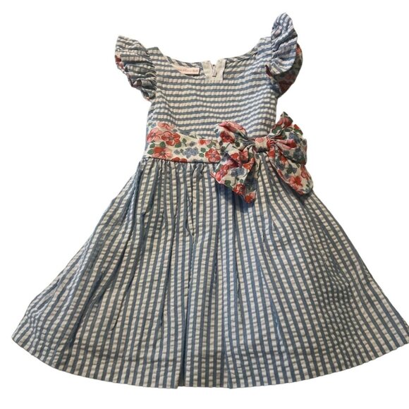 Bonnie Jean Blue Seersucker Stripe Dress Girls Size 2 Ruffle Sleeve Excellent ve - Picture 2 of 7